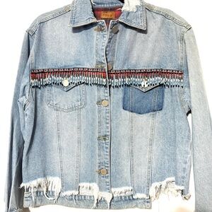 POL NWOT Light Blue Distressed Denim Jacket with Fringe and Bead Accents